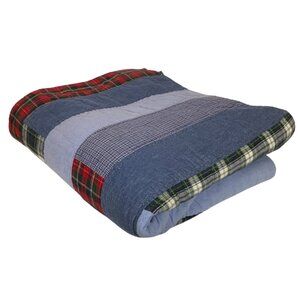 Twin Size Denim Plaid Patchwork Quilt By Room Gear Blue Red Cotton Lightweight